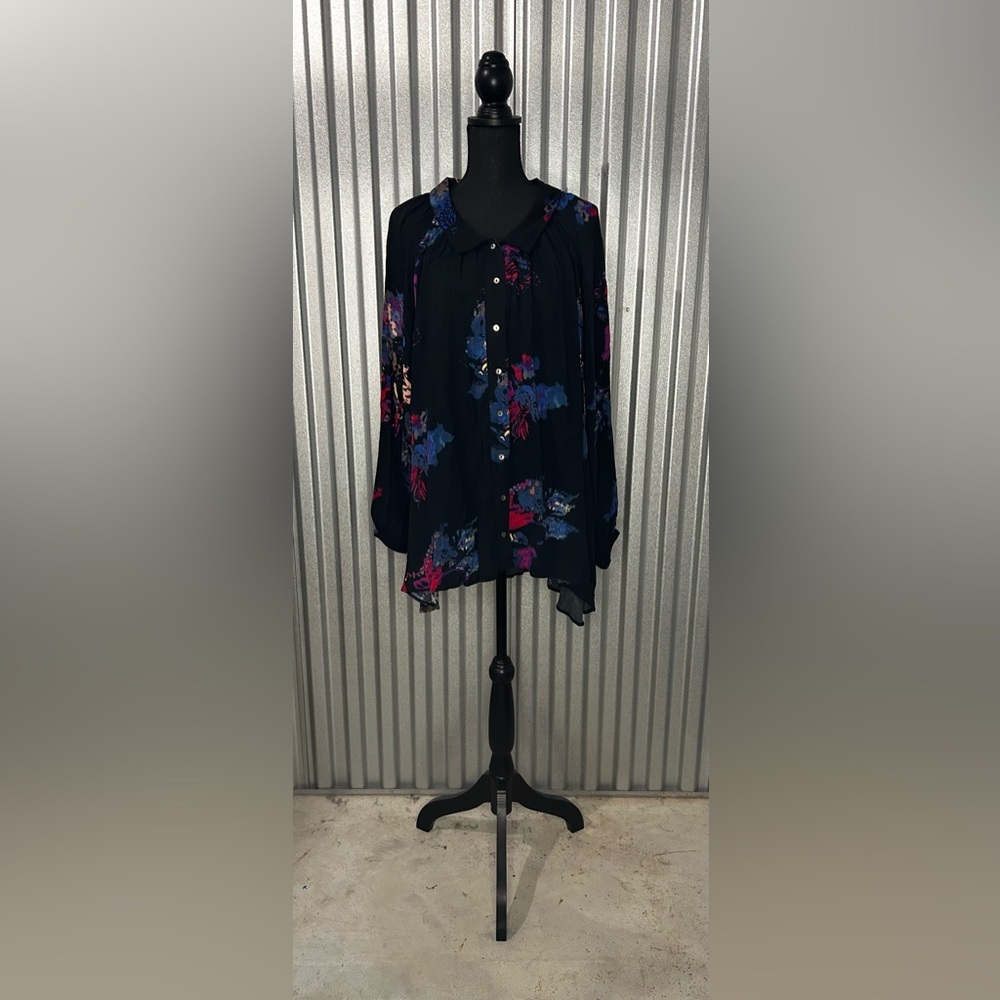 Women’s Free People Black Blue Button Down Long Sleeve Floral Mini Dress Small